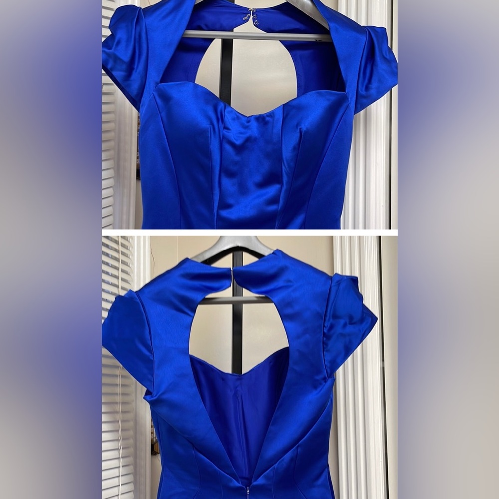 MacDuggal Blue Satin Mermaid Gown w Cap Sleeve